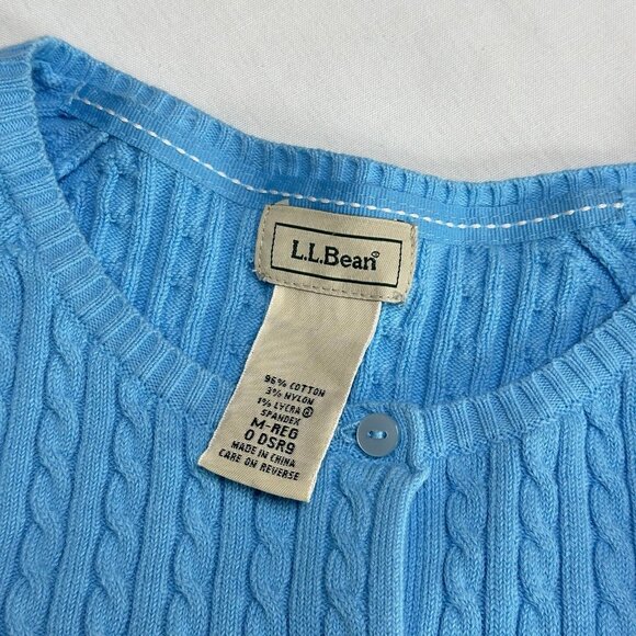 LL Bean Women Blue Cable Knit Cardigan Sweater Size Medium Preppy y2k 3/4 Sleeve - Picture 3 of 8